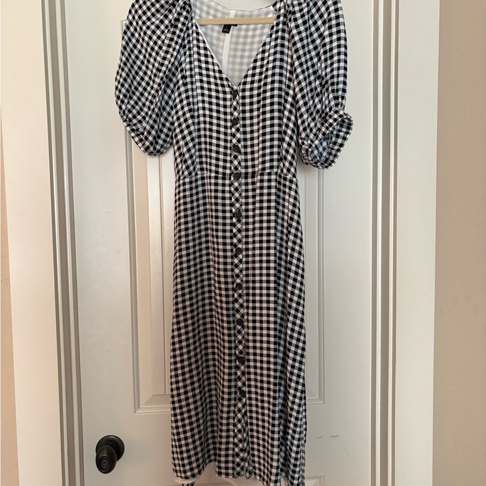 Ann Taylor Black & White Puff Sleeve Gingham Checkered Dress